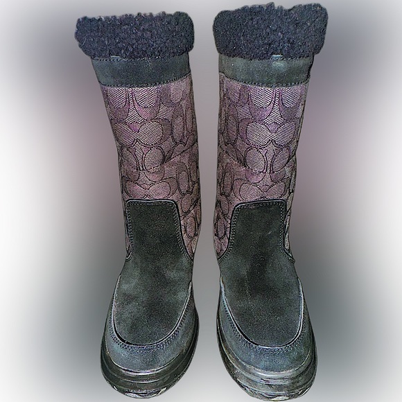 Coach Sherman Winter Boots Fleece Lined Black Suede Logo Print Booties US 5 - Picture 9 of 11